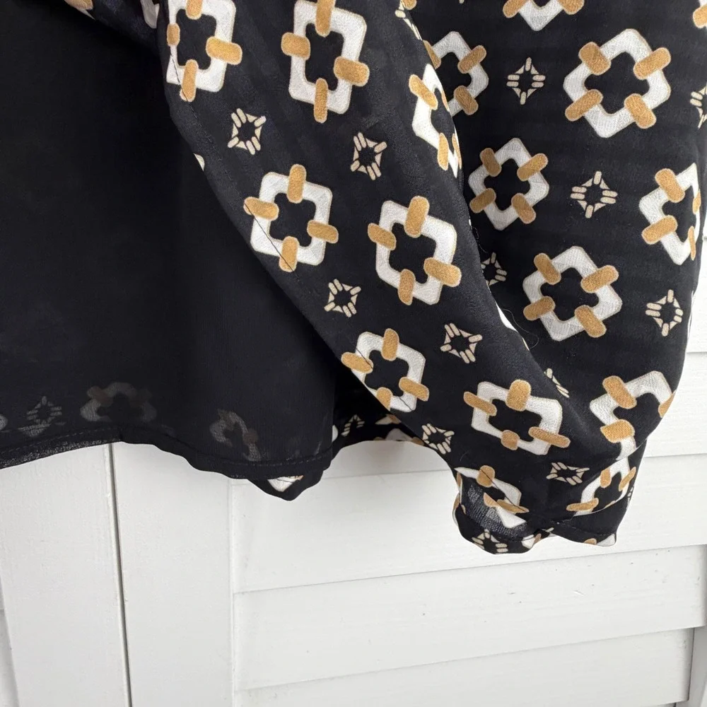 LOFT Blouse XL Black Geometric Ruffle Neck Puff Sleeve NEW